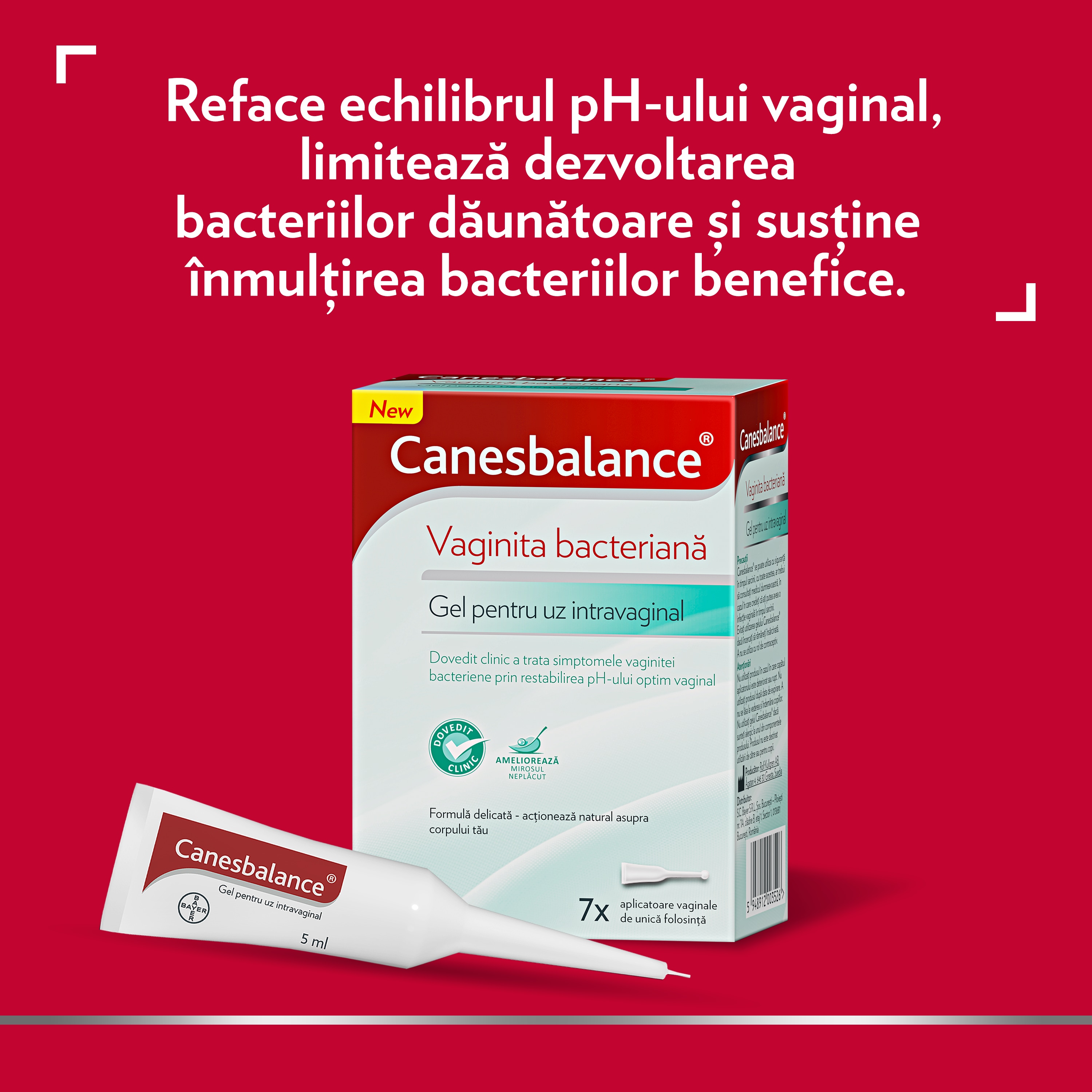 Pictogramă cu tubul și cutia gelului vaginal pentru tratamentul simptomelor vaginozei bacteriene, comentariu în partea de sus: 1. Reface echilibrul pH-ului vaginal, 2.	Limitează dezvoltarea bacteriilor dăunătoare   3.	Susține  înmulțirea bacteriilor benefice